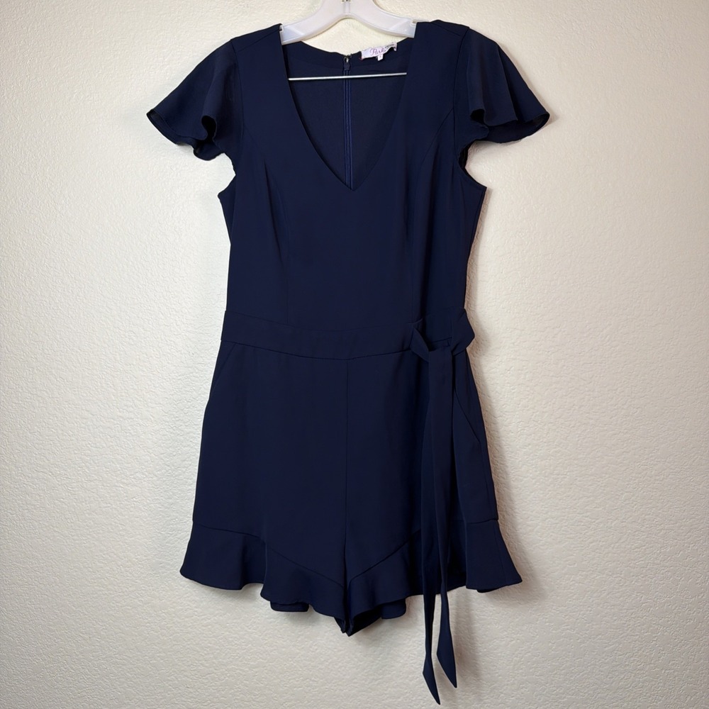 Parker Catherine Romper 2 Navy Blue Short Flutter Sleeve Belted Ruffle Crepe V